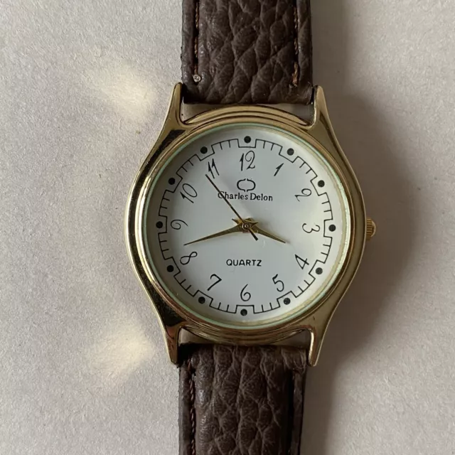 CHARLES DELON QUARTZ Watch Brown Strap One Micron Gold Plated Water Resistant 15.00 PicClick UK