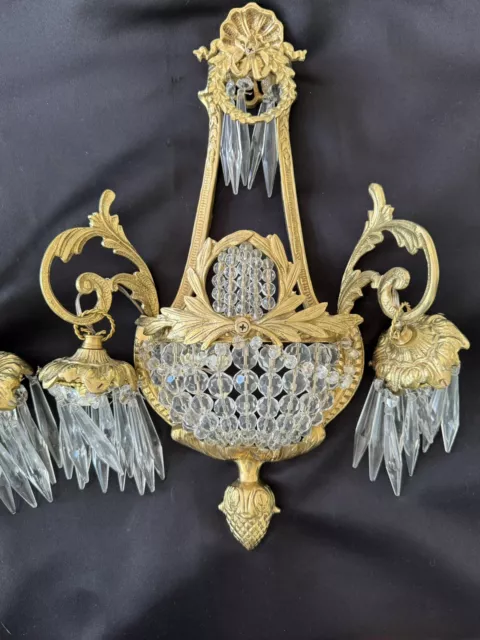 PAIR French Gilt Brass Crystal Beaded Wall Sconces Ornate 3