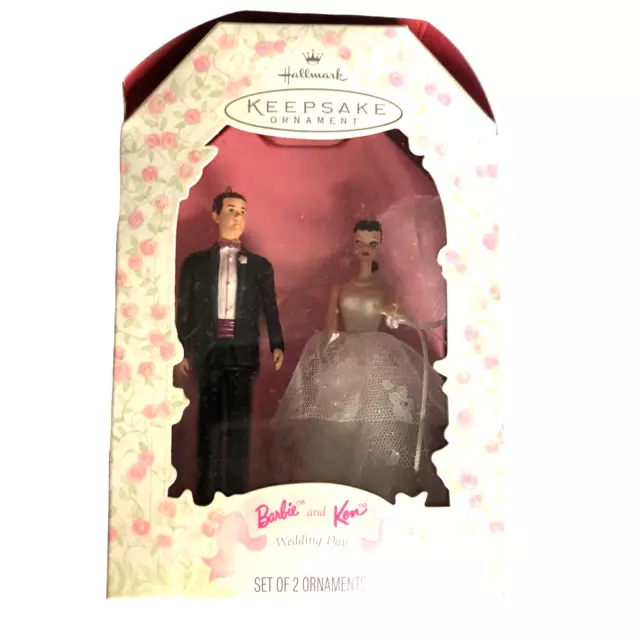 VINTAGE 1997 NIB Hallmark Keepsake Dark Haired Barbie & Ken Wedding Day Ornament