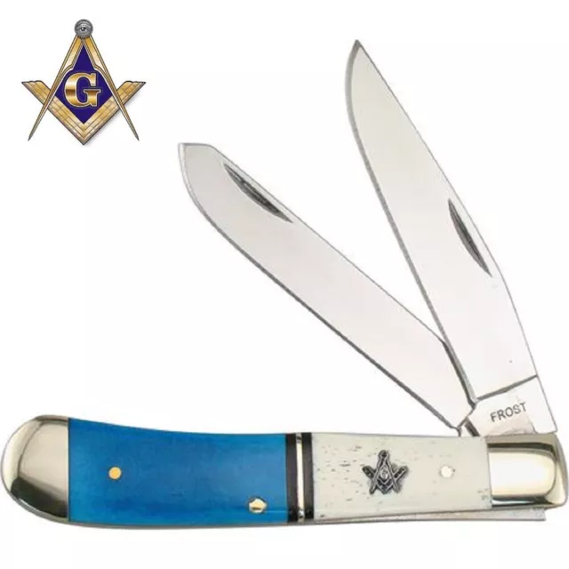 Beautiful Masonic Pocket Knife - Trapper Pattern - Blue & White Bone Handles