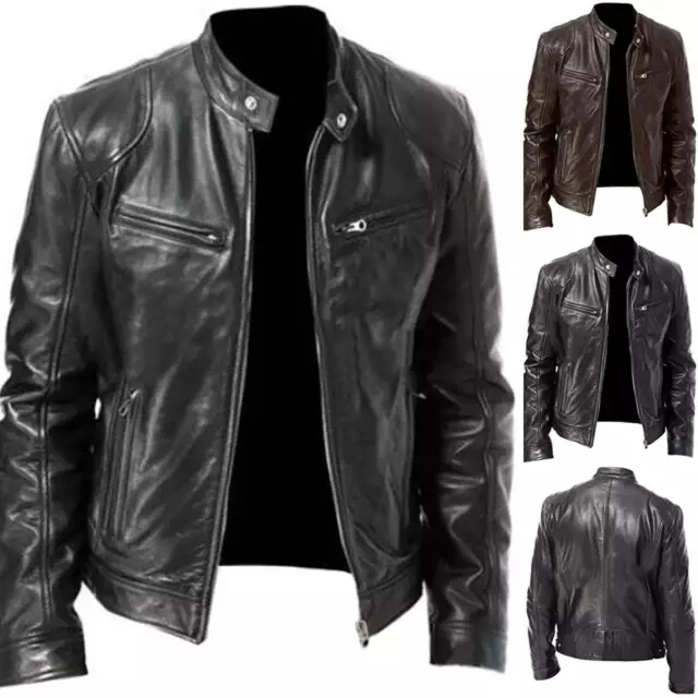MALE FAUX LEATHER Jacket Zip Biker Motorcycle Coat Fashion Stand Collar ...