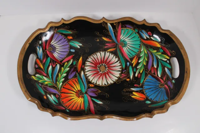 Vintage Mexican Batea Floral Hand Painted Carved Wood Folk Art Oval Serving Tray