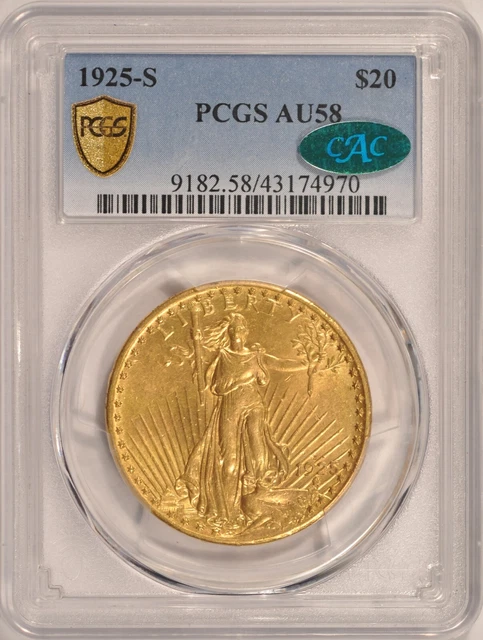 1925-S $20 Saint Gaudens Gold Double Eagle PCGS AU58 CAC Approved Pre-1933 Gold