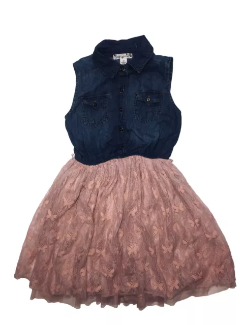 Knit Works Girls Sleeveless Denim Top Dress Butterflies Pink Lace Size 10