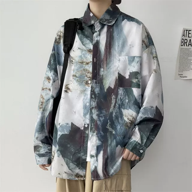 Mens Ink Paint Retro Flower Shirt Loose Drape-Feeling Turn Down Collar Dress Top