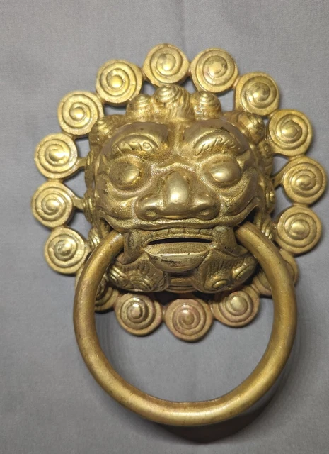 LION Solid BRONZE FOO DOG Gold DOOR KNOCKER Hanger Vintage Made In Hong Kong