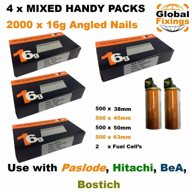 MIXED 2000 16g ANGLED 20° Nails 38mm,45mm,50mm,63mm  & 2 Fuel Cells-Paslode