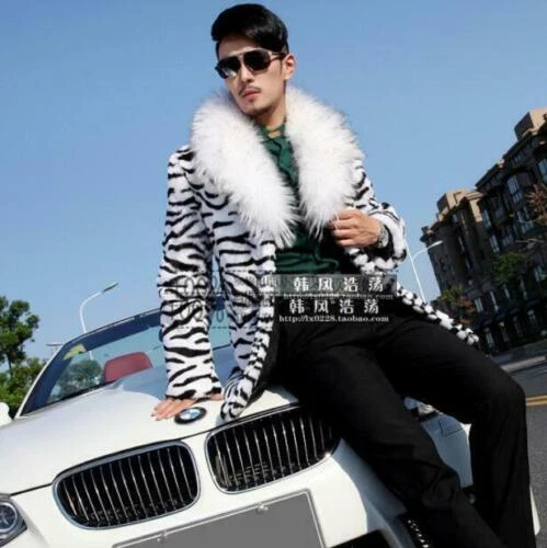 Men Winter Warm Long Jacket Faux Fox Fur Collar Lapel Trench Coat Outwear New