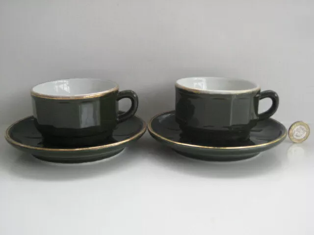 2  x  APILCO GREEN & GOLD SMALL COFFEE TEA CUPS AND SAUCERS FRENCH BISTRO WARE C
