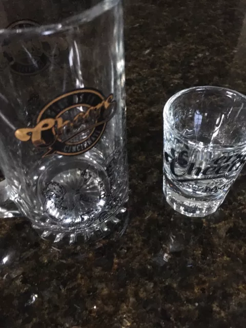 VINTAGE CHEERS "MEET ME IN CINCINNATI" Glass Mug And Cheers Boston Shot Glass.