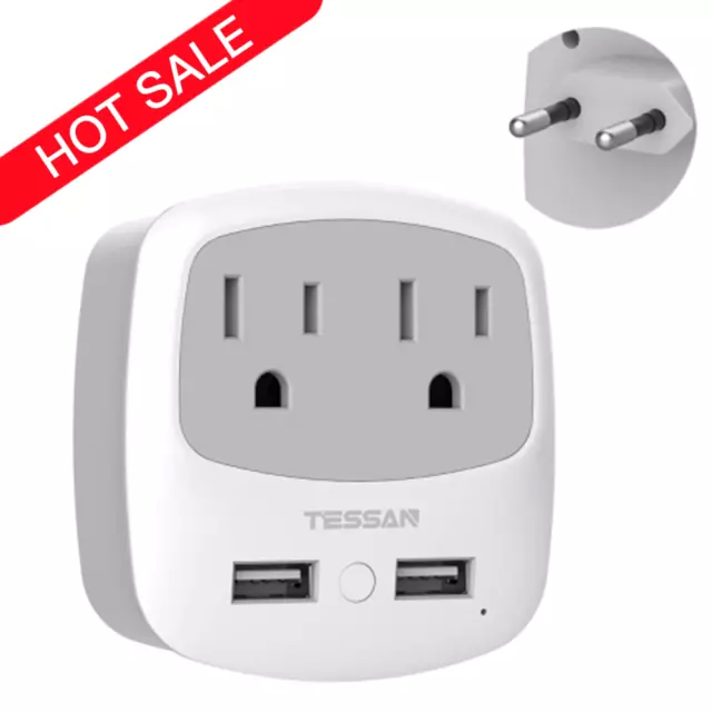 European Plug Adapter Type C with 2 USB 2 American Outlet for US Travel to Spain