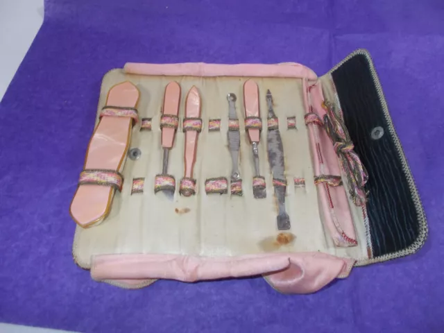 Victorian Celluloid Pink Vanity Manicure Set with/Black  Case