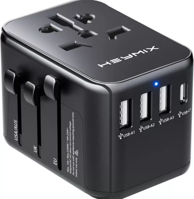 International Travel Adapter Universal Travel Plug 3-Port USB & Type-C Black