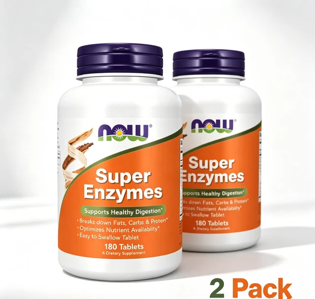 Tablet Back Left NOW FOODS SUPER Enzymes 180 Tablets, Supports Healthy Digestion EXP ...
