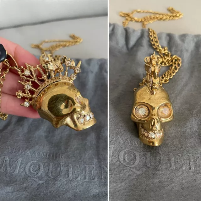 Authentic ALEXANDER MCQUEEN SKULL GOLD CRYSTAL MOHAWK PENDANT NECKLACE LONG