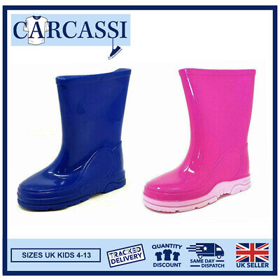 Kids Plain Wellies Childrens Boys Girls Blue Pink Wellington Rain Snow Boots