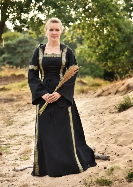 Battle-Merchant Mittelalterkleid Eleanor mit Kapuze, schwarz Wikinger Kleid LARP