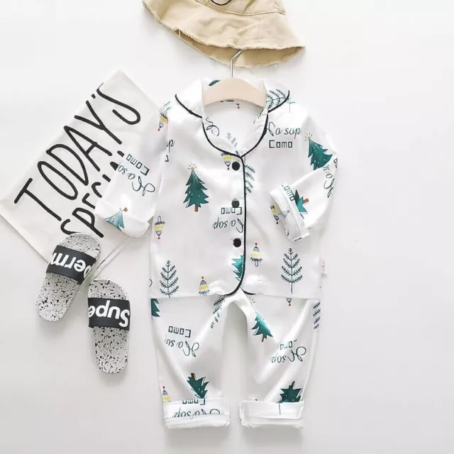 Boy Girls Kids Pyjamas Set Nightwear Pjs Satin Silk Sleepwear,White, trees (XL)