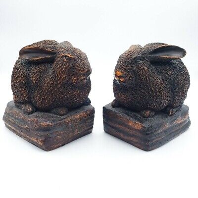 Bunny Rabbit Bookends Heavy Cast Stained Resin Woodland Brown Copper Tone
