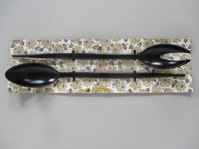 A Pair of Genuine Vintage Black Plastic Salad Servers C. 1960’s Fork & Spoon