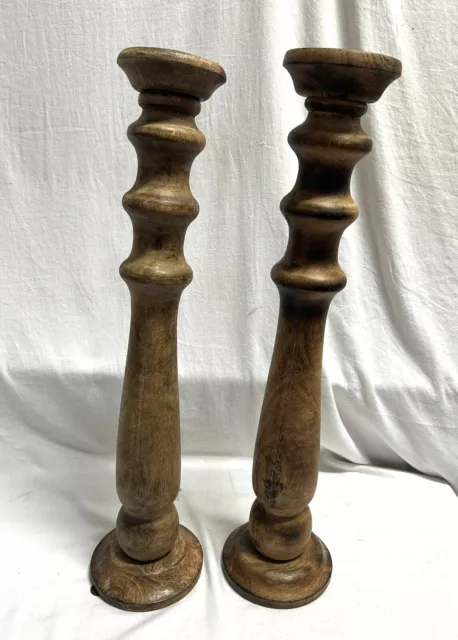 Pair of Large Brown Wooden Carved Rustic Candlesticks Candle Holders Pillars 25"