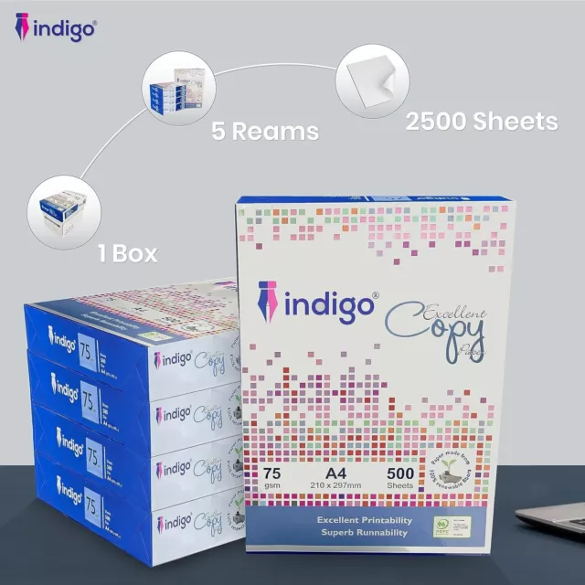 Indigo Excellent Copy Paper A4 White Box of 5 Reams 75gsm Office Home