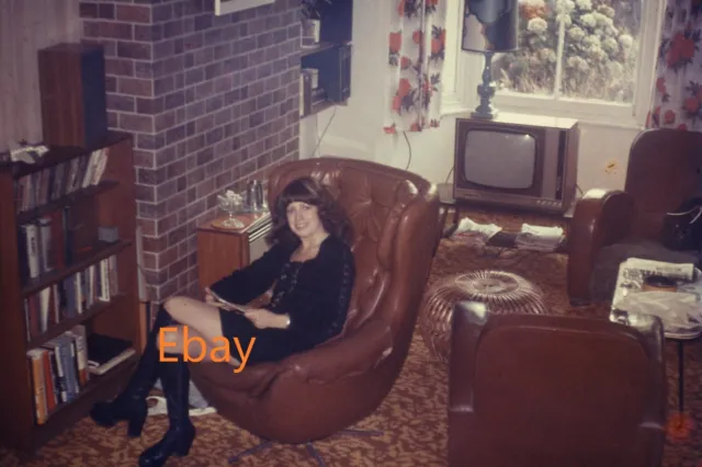 35mm Slide - Woman In Leather Armchair In Very 1970s Sitting Room