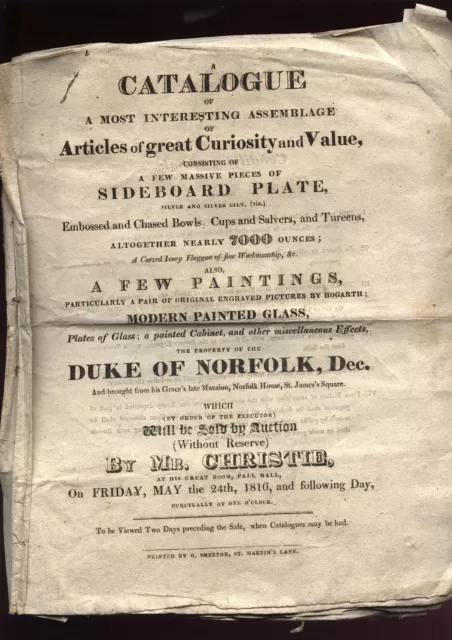 RARE 1816 DUKE of NORFOLK Christies Sale Catalogue, with prices, Henry Howards.