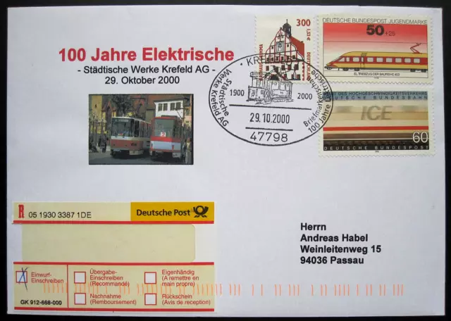 Bund BRD Mi 838 Jugend 1975 MIF R-Brief SST 100 Jahre Elektrische Krefeld 2000