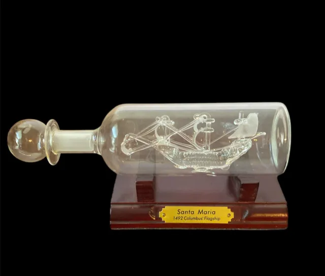 Mayflower Glass Sculpture Rare SANTA MARIA Ship In A Bottle and base.