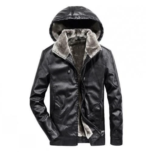 Mens Fashion Leather Jacket Hooded Lined Thicken Warm Winter Short Coats M-5XL L