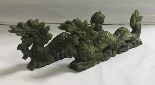 Pair of Natural Green Jade Jadeite Carved Dragon Figurines