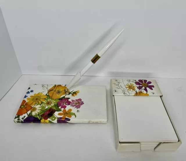 Vtg Floral Themed Desk Organizer Set Note Holder Pen Holder Pen Boho Flower