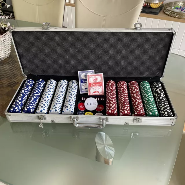 500 Poker Chips Set with Aluminium case, Cards, Dice, Dealer & Blinds Button