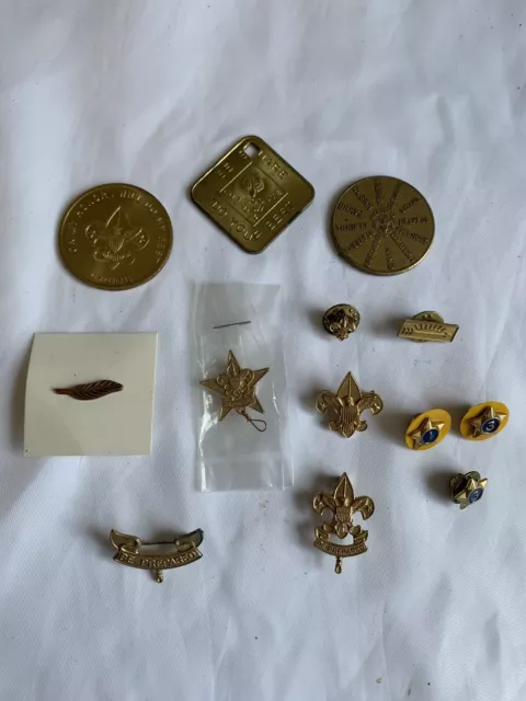 Vintage BSA Pins, Eagle, Star, Feather, Arrow, Be Prepared, Coins Boy Scout Lot