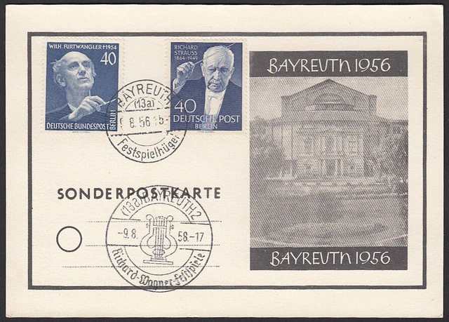 Berlin Nr. 124 + 128 auf Sonderpostkarte Bayreuth 1956, blanko gestempelt