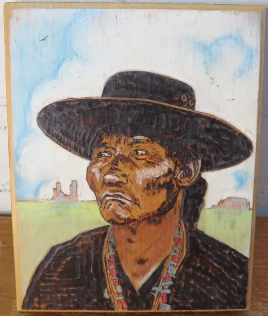 Vintage Native American Elder Wood Carving/Burning/Painting 8inx10in L. Rollins