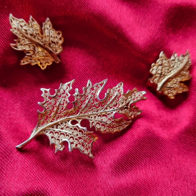 Demi-parure Vintage Broche & Clips Feuilles En Vermeil 925 Sterling Germany