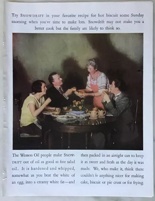 1924 magazine ad for Snowdrift shortening - Family enjoys hot biscuits Sunday