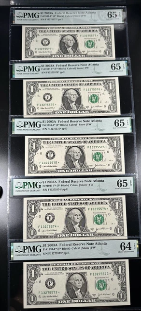 Lot of 5 Consecutive Star Federal Reserve Notes PMG 64 and 65 EPQ fr 1931-F* ATL
