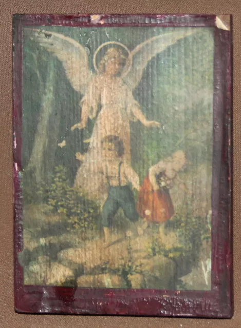 Vintage religious print on wood angel and childs