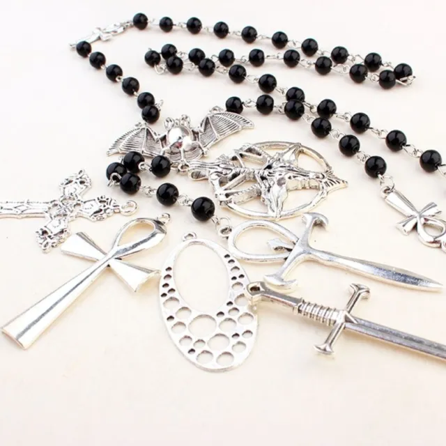 Gothic Punk Cool Rosary Beaded Necklace Ankh Black Beads Bat Necklace