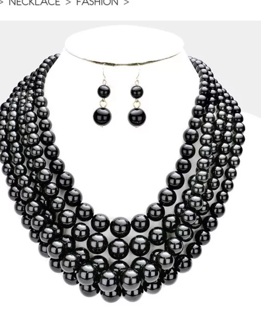 Black Pearl 5 Row Multi Strand Layered Bead Chunky Jewelry Necklace Set