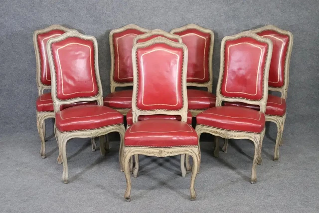 Fine Set 8 Red Leather Gold Embossed Tall French Louis XV Painted Dining Chairs Fine Set 8 Red Leather Gold Embossed Tall French Louis XV Painted Dining Chairs