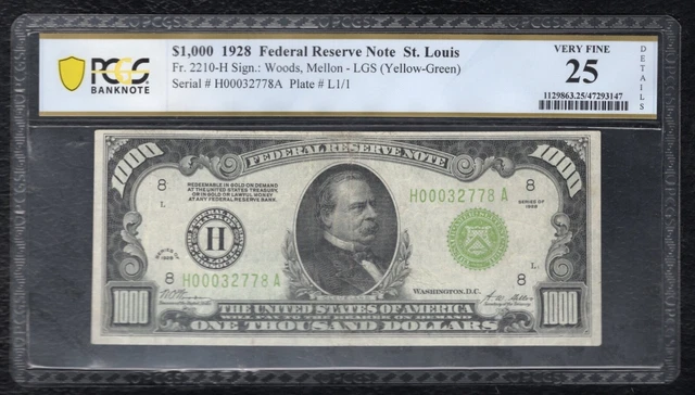 FR. 2210-Hlgs 1928 $1,000 LIGHT GREEN SEAL FRN ST. LOUIS, MO PCGS BANKNOTE VF-25