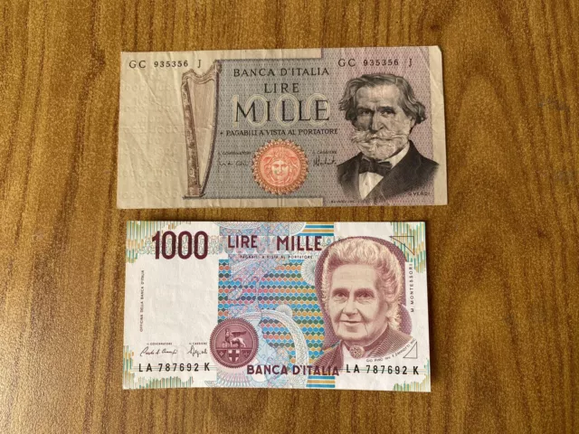 Republic Stock 2 Banknotes Livres 1000 Verdi II Type Montessori