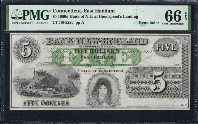 $5 Bank of New England at Goodspeed's Landing Connecticut Obsolete PMG 66 EPQ!