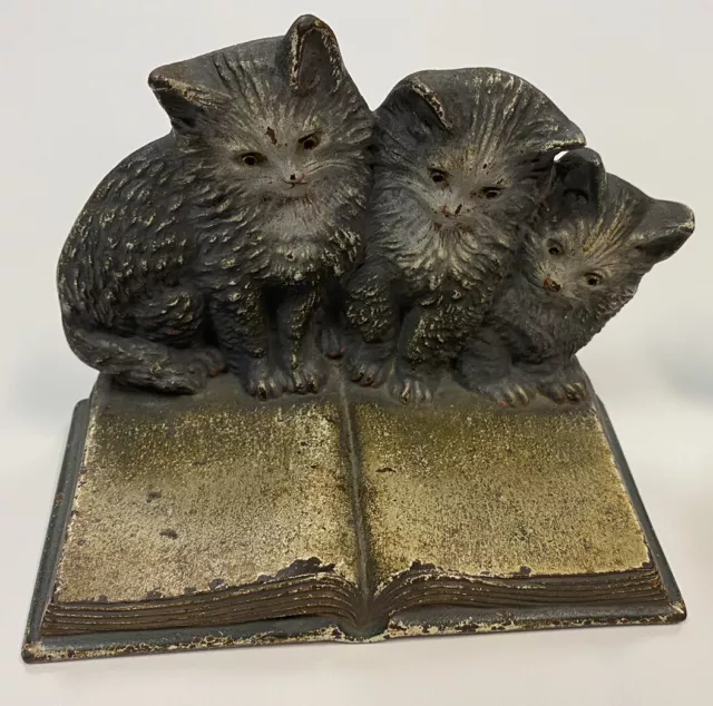 Antique USA Bradley & Hubbard Cast Iron Cat Kitten on Book pair of Bookends