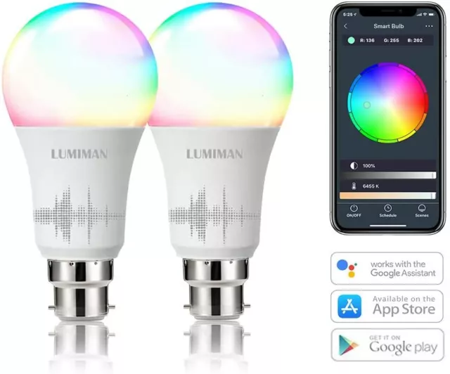 Alexa Smart WiFi Glühbirnen B22 Bajonett 2er-Pack von Lumiman RGBCW Farbe 7,5 W