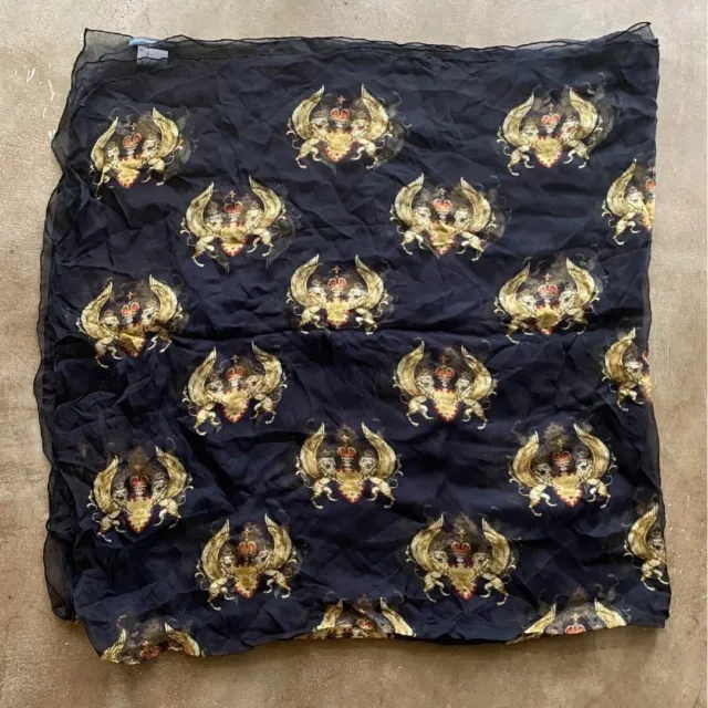 Alexander McQueen Scarf Stole 100%Silk Black Gold Lion Crest Pattern